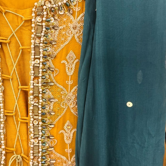 Pakistani Gharara Suit - Yellow + Emerald Green - Size Large - Picture 3 of 6